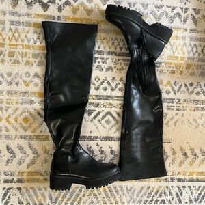 Black Faux Leather Thigh High Boots